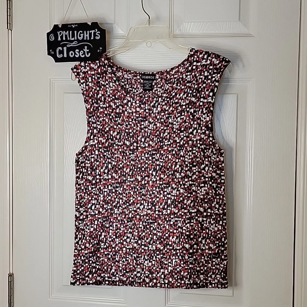 George Sleeveless Blouse Medium Red Black White Gathered Squares
